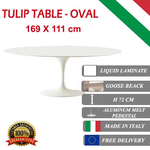 Tavolo Tulipano con piano laminato liquido ovale da cm 169 x 111